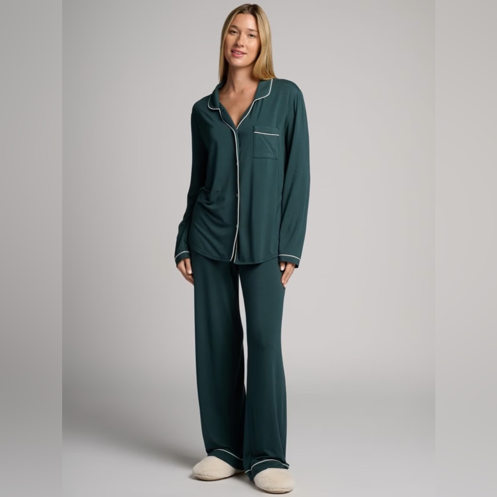 Women's Dark Green Piped Pajama Set - Classic Long Sleeve Lounge Set